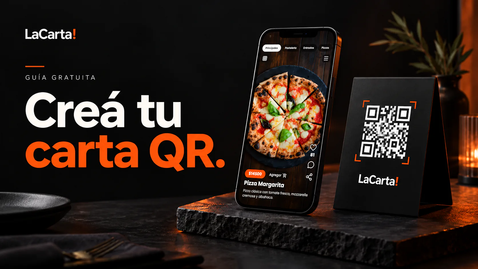 Crie seu cardápio QR: cardápio estilo TikTok com uma pizza em tela cheia em um celular ao lado de um código QR