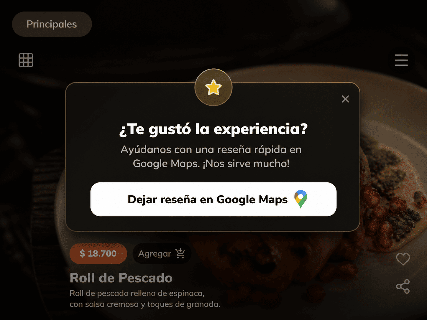 Tela do MeuMenu convidando o cliente a deixar uma avaliação no Google Maps